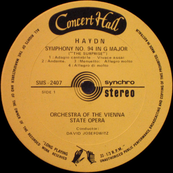 Haydn* - Orchestra Of The Vienna State Opera*, David Josefowitz : Symphony No. 94 "The Surprise" / Symphony No. 100 "Military" (LP, Album)
