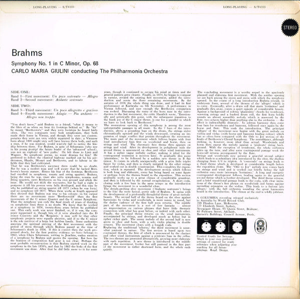 Brahms* / The Philharmonia Orchestra* Conducted By Carlo Maria Giulini : Symphony No. 1 In C Minor, Op. 68 (LP, Club)