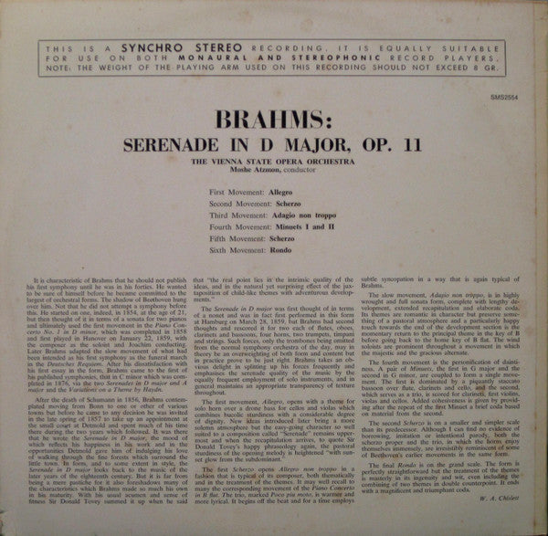 Johannes Brahms - Orchester Der Wiener Staatsoper, Moshe Atzmon : Serenade No.1 In D Major, Op.11 (LP, Album)