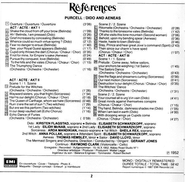 Henry Purcell - Kirsten Flagstad, Elisabeth Schwarzkopf, The Mermaid Singers And Orchestra, Geraint Jones (2) : Dido And Aeneas (CD, Mono, RE, RM)