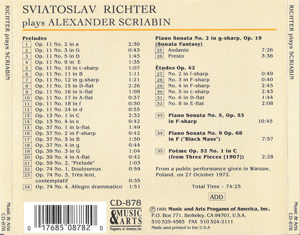 Sviatoslav Richter Plays Alexander Scriabin : Piano Sonatas Nos. 2, 5 & 9 / Études, Op. 42 / 24 Selected Préludes (CD)