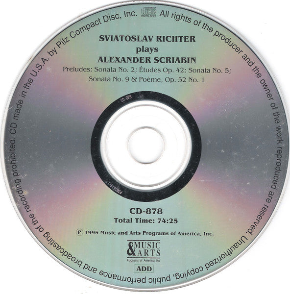 Sviatoslav Richter Plays Alexander Scriabin : Piano Sonatas Nos. 2, 5 & 9 / Études, Op. 42 / 24 Selected Préludes (CD)