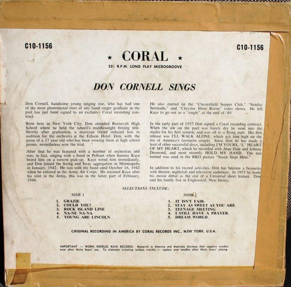 Don Cornell : Don Cornell Sings (Souvenir Of First Australian Tour) (10", Album)
