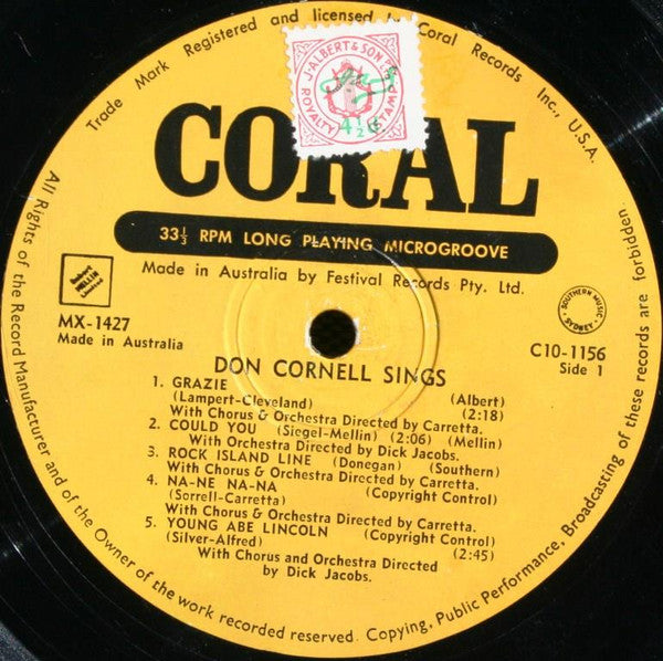 Don Cornell : Don Cornell Sings (Souvenir Of First Australian Tour) (10", Album)