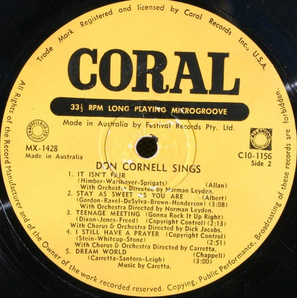 Don Cornell : Don Cornell Sings (Souvenir Of First Australian Tour) (10", Album)