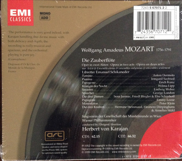 Mozart* - Dermota* ∙ Seefried* ∙ Kunz* ∙ Lipp* ∙ Weber* ∙ London* ∙ Singverein Der Gesellschaft Der Musikfreunde In Wien* ∙ Wiener Philharmoniker ∙ Herbert von Karajan : Die Zauberflöte (2xCD, Album, Mono, RE, RM + Box, Sli)