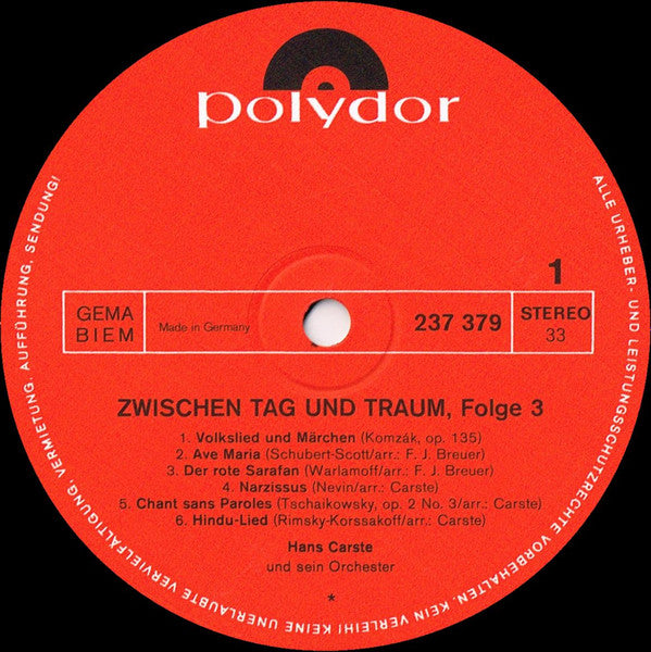 Hans Carste Und Sein Orchester : Zwischen Tag Und Traum Folge 3 (LP, Album)