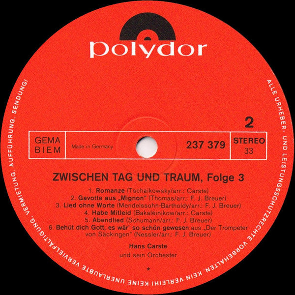 Hans Carste Und Sein Orchester : Zwischen Tag Und Traum Folge 3 (LP, Album)