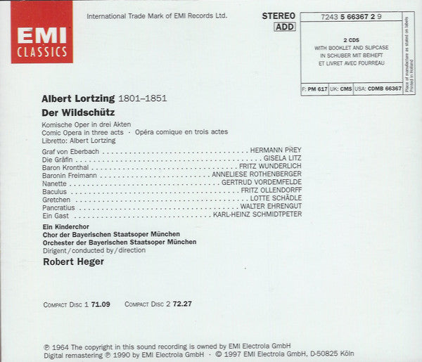 Albert Lortzing, Anneliese Rothenberger, Gisela Litz, Lotte Schädle, Fritz Ollendorff, Hermann Prey, Fritz Wunderlich, Chor Der Bayerischen Staatsoper Und Bayerisches Staatsorchester, Robert Heger : Der Wildschütz (2xCD, RM)
