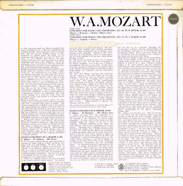 W.A. Mozart* / Monique de la Bruchollerie , Piano,  The Camerata Academica Of The Salzburg Mozarteum* , Conductor: Bernhard Paumgartner : Concerto For Piano And Orchestra, No. 20, In D Minor, K. 466 / Concerto For Piano And Orchestra, No. 23, In A Major, K. 488 (LP, Album, Club)