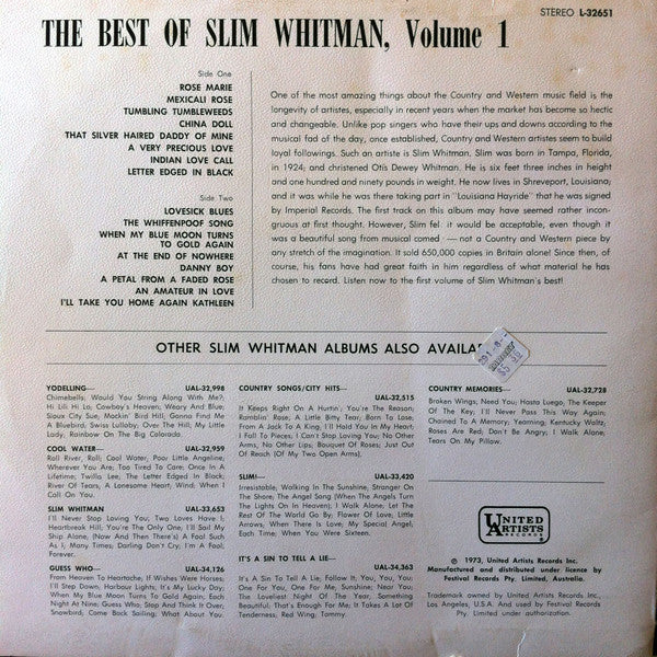 Slim Whitman : The Best Of Slim Whitman Volume 1 (LP, Comp, Mono)