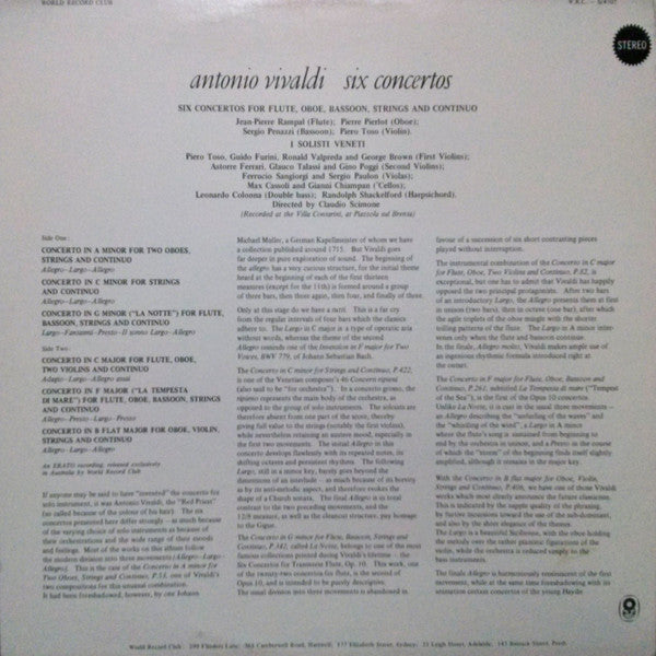 Antonio Vivaldi : Six Concertos (LP, Album, Club, RE)