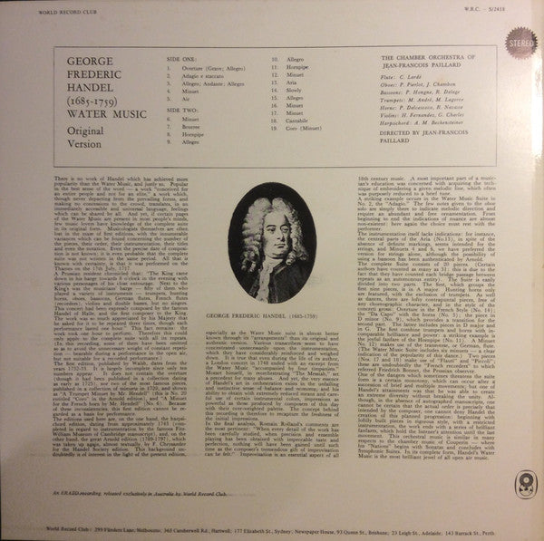 Georg Friedrich Händel / Orchestre De Chambre Jean-François Paillard Conducted By Jean-François Paillard : Water Music (Original Version) (LP, Album, Club, RE)