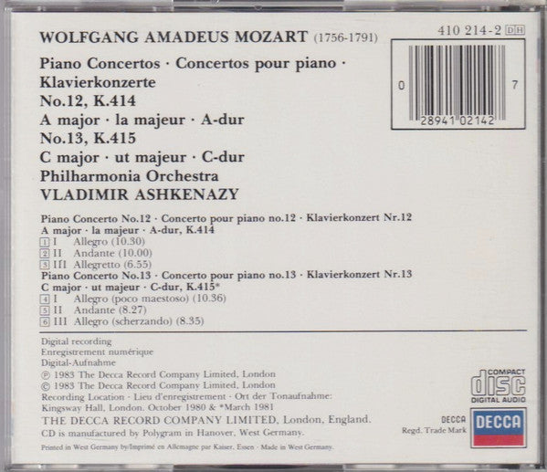 Mozart*, Vladimir Ashkenazy, Philharmonia Orchestra : Piano Concertos (CD, Album)
