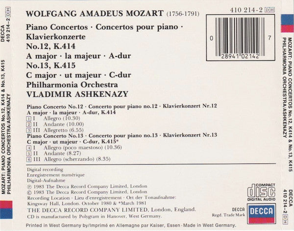 Mozart*, Vladimir Ashkenazy, Philharmonia Orchestra : Piano Concertos (CD, Album)