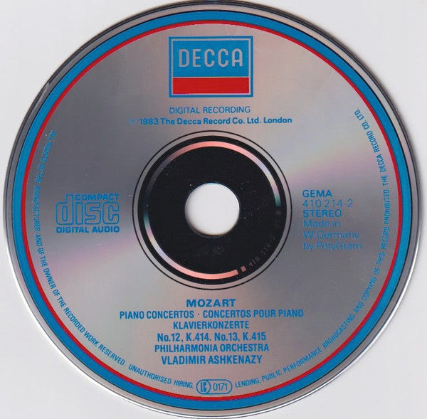 Mozart*, Vladimir Ashkenazy, Philharmonia Orchestra : Piano Concertos (CD, Album)