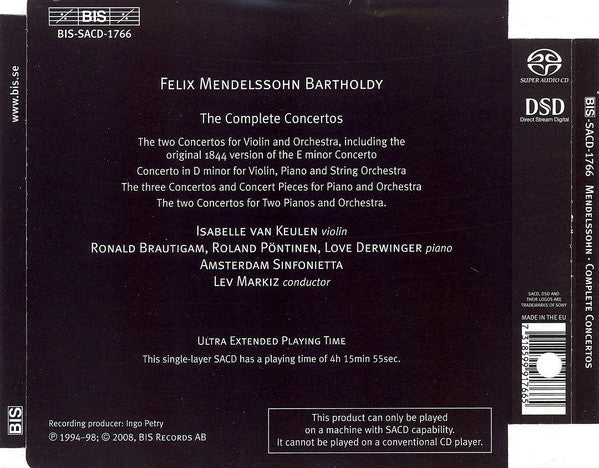 Mendelssohn* - Isabelle van Keulen, Ronald Brautigam, Roland Pöntinen, Love Derwinger, Amsterdam Sinfonietta, Lev Markiz : Complete Concertos (SACD, Comp, RE, RM)