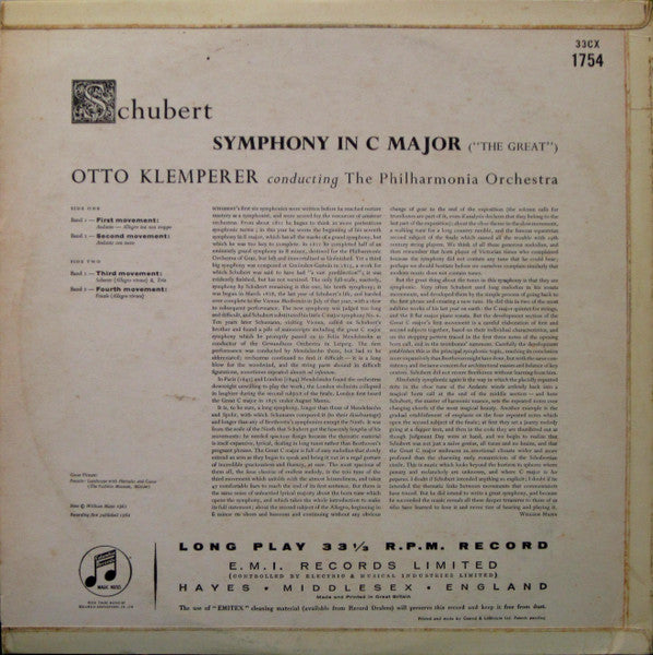 Franz Schubert - Otto Klemperer, Philharmonia Orchestra : Symphony In C Major "The Great" (LP, Mono)