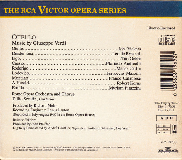 Giuseppe Verdi, Jon Vickers, Leonie Rysanek, Tito Gobbi, Tullio Serafin, Orchestra Del Teatro Dell'Opera Di Roma And Coro Del Teatro Dell'Opera Di Roma : Otello (2xCD, Album, RE, RM)