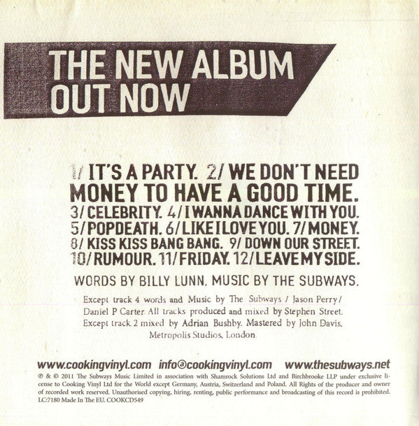 The Subways : Money And Celebrity (CD, Album)