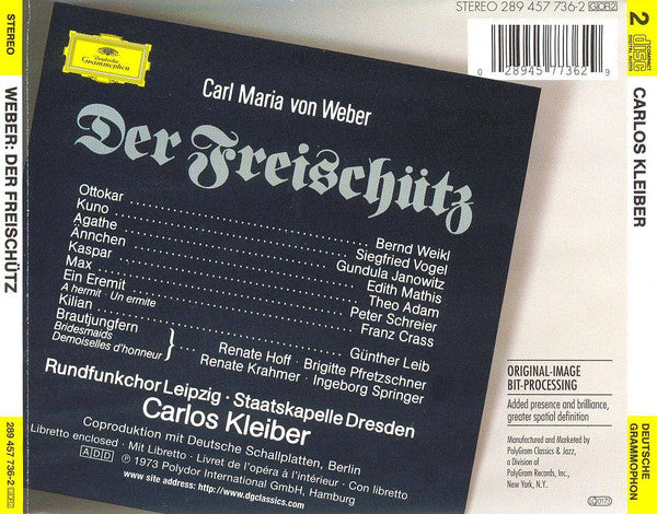 Carl Maria von Weber - Gundula Janowitz, Edith Mathis, Peter Schreier, Theo Adam, Staatskapelle Dresden, Carlos Kleiber : Der Freischütz (2xCD, Album, RE, RM)