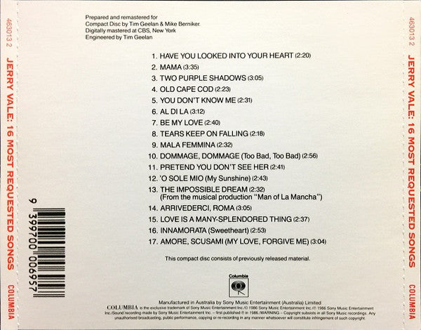Jerry Vale : Jerry Vale: 16 Most Requested Songs (CD, Comp, RE)