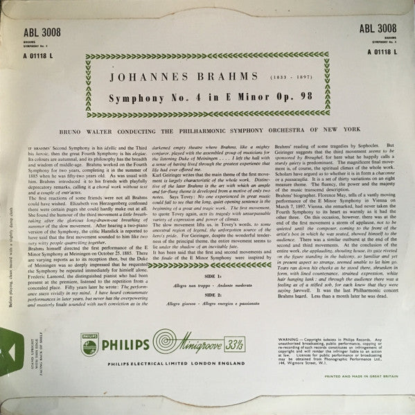 Johannes Brahms, Bruno Walter, Philharmonic-Symphony Orchestra Of New York : Symphony No.4 In E Minor, Op. 98 (LP, Mono)