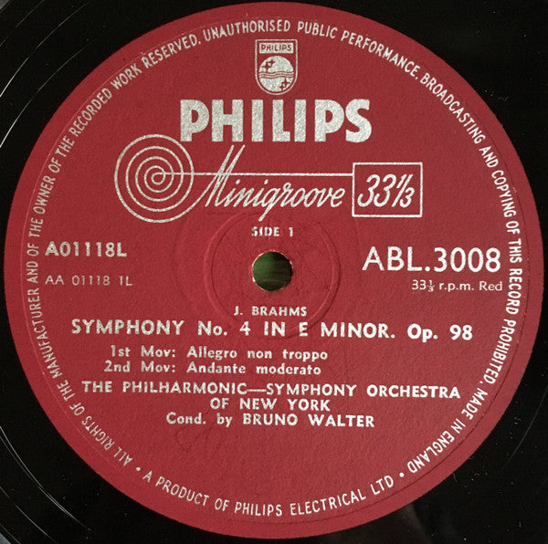 Johannes Brahms, Bruno Walter, Philharmonic-Symphony Orchestra Of New York : Symphony No.4 In E Minor, Op. 98 (LP, Mono)