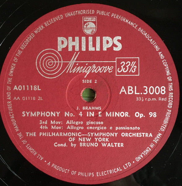 Johannes Brahms, Bruno Walter, Philharmonic-Symphony Orchestra Of New York : Symphony No.4 In E Minor, Op. 98 (LP, Mono)