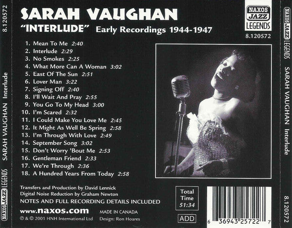 Sarah Vaughan : Interlude 1944-1947 (CD, Comp, Mono)