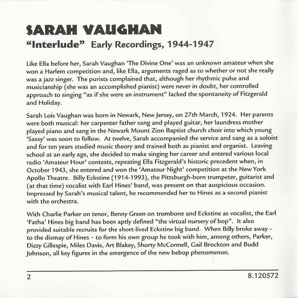 Sarah Vaughan : Interlude 1944-1947 (CD, Comp, Mono)