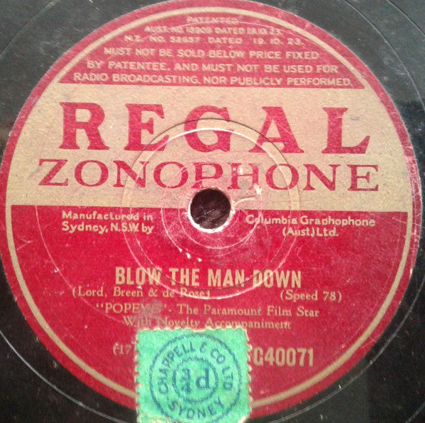 Popeye (11) : I'm Popeye The Sailor Man / Blow The Man Down (Shellac, 10")