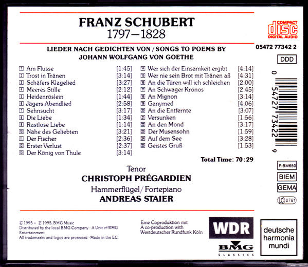 Schubert* - Christoph Prégardien, Andreas Staier : Songs To Poems By Johann Wolfgang Goethe (CD)