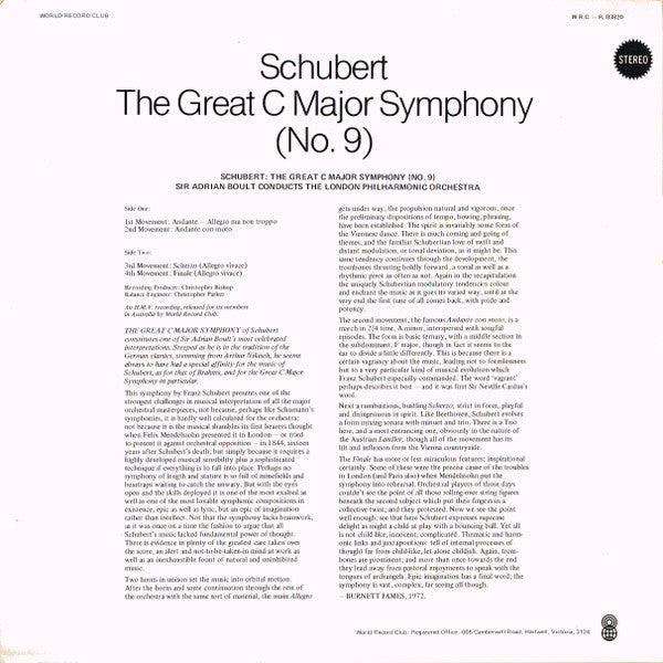Franz Schubert - Sir Adrian Boult Conducts The London Philharmonic Orchestra : The Great C Major Symphony (No. 9) (LP, Album, Club, RE)