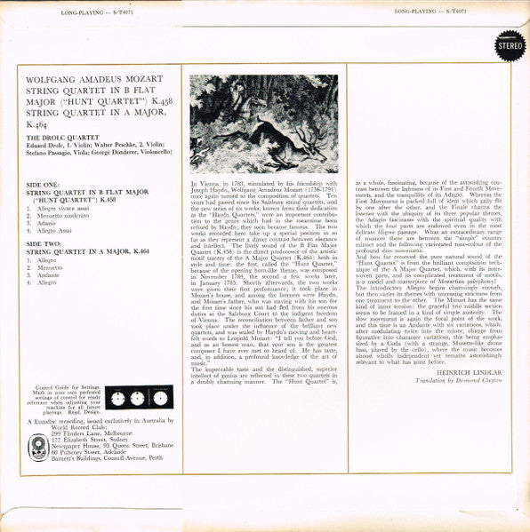 Wolfgang Amadeus Mozart, The Drolc Quartet* : String Quartet In B Flat Major, K458 ("The Hunt") String Quartet In A Major, K464 (LP, Album, Club)