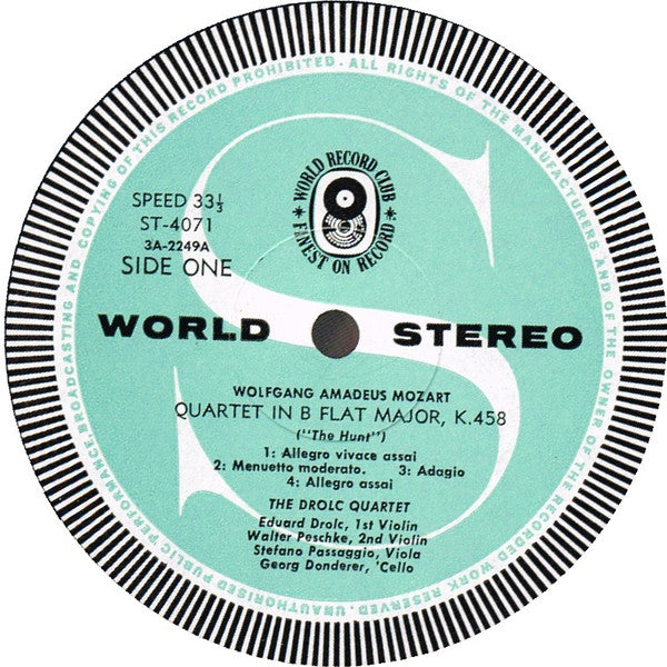 Wolfgang Amadeus Mozart, The Drolc Quartet* : String Quartet In B Flat Major, K458 ("The Hunt") String Quartet In A Major, K464 (LP, Album, Club)