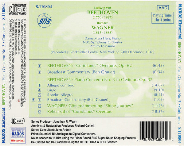 Beethoven* | Dame Myra Hess*, NBC Symphony Orchestra, Arturo Toscanini : Piano Concerto No. 3 / "Coriolanus" Overture / Siegfried's Rhine Journey From Götterdämmerung  (CD, Album, Mono, RM)