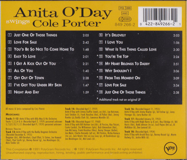 Anita O'Day With Billy May : Anita O'Day Swings Cole Porter (CD, Album, RE, RM)