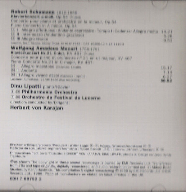 Schumann*, Mozart* - Dinu Lipatti, Herbert von Karajan, Philharmonia Orchestra, Orchestre Du Festival De Lucerne* : Klavierkonzert A-moll / Klavierkonzert N° 21 C-dur (CD, Comp, Mono, RM)