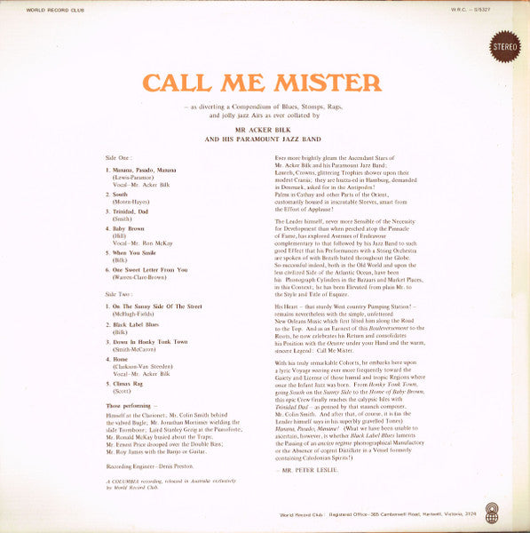 Mr. Acker Bilk* : Call Me Mister (LP, Album, Club)