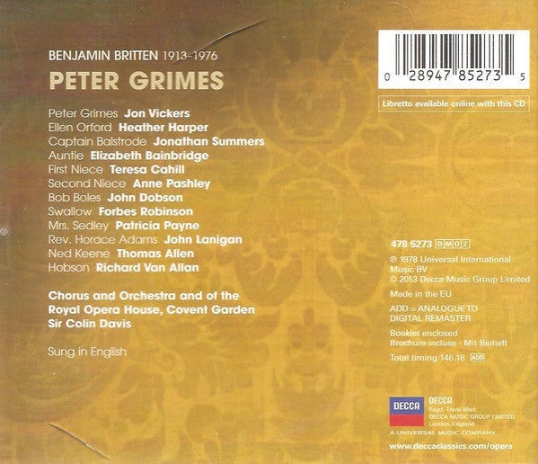 Britten* - Vickers* · Harper* · Summers* · Chorus* And Orchestra Of The Royal Opera House, Covent Garden · Davis* : Peter Grimes  (2xCD, Album, RE, RM)