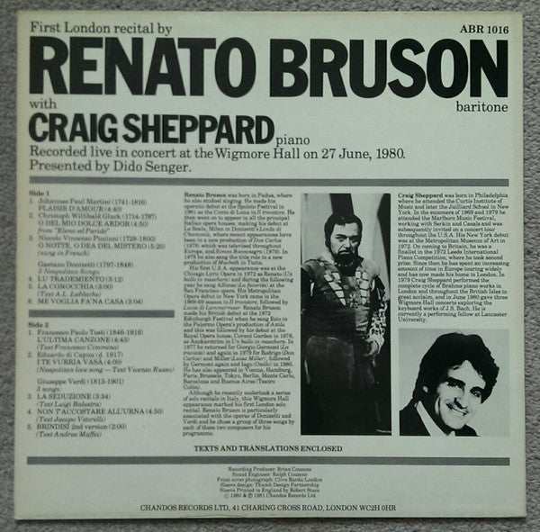 Renato Bruson, Craig Sheppard : Live At The Wigmore Hall (LP)