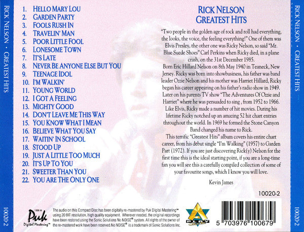 Rick Nelson* : Greatest Hits (CD, Comp, RM)