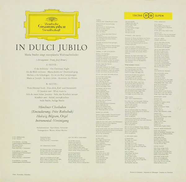 Maria Stader, Münchner Chorbuben* ∙ Instrumentalvereinigung* : In Dulci Jubilo (Maria Stader Singt Europäische Weihnachtslieder) (LP)