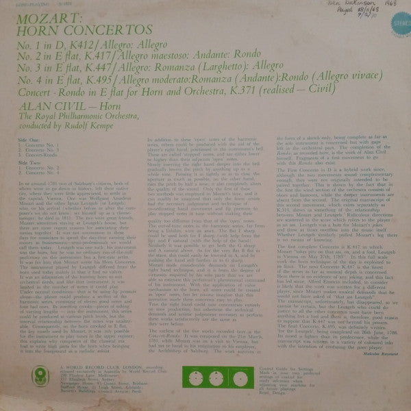 Mozart* ; Alan Civil With The Royal Philharmonic Orchestra Conducted By Rudolf Kempe : The Four Horn Concertos / Concert Rondo For Horn & Orchestra (LP, Album, Club)
