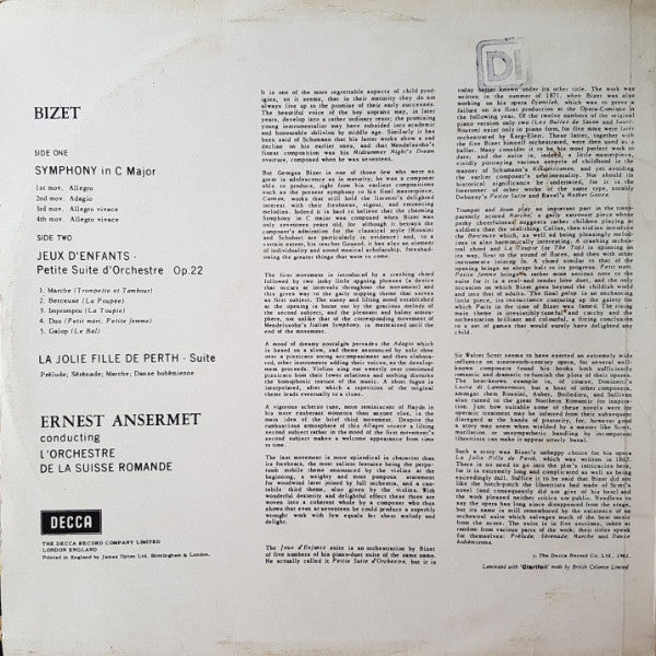 Bizet*, L'Orchestre De La Suisse Romande, Ernest Ansermet : Symphony In C Major / Jeux D'Enfants / La Jolie Fille De Perth (LP, Mono)