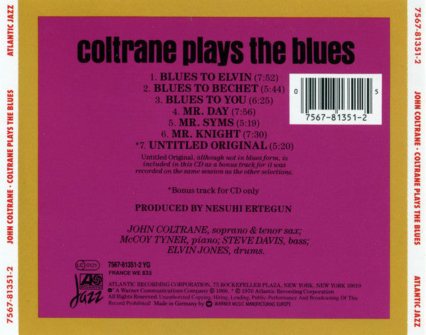 John Coltrane : Coltrane Plays The Blues (CD, Album, RE)