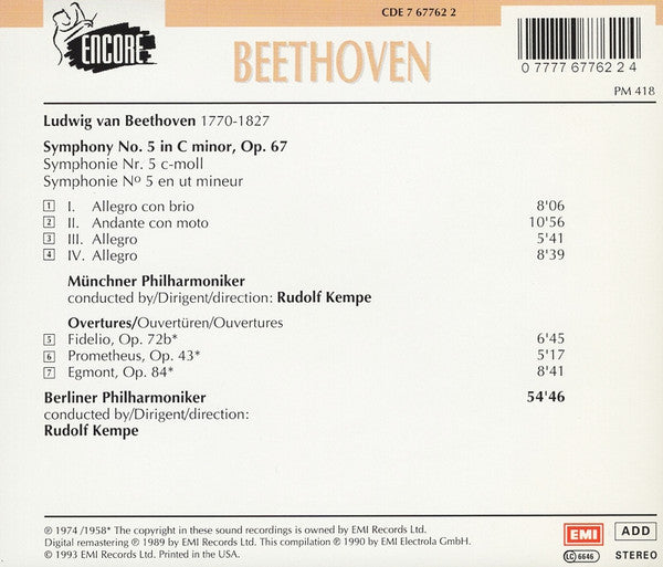 Ludwig van Beethoven, Münchner Philharmoniker, Berliner Philharmoniker, Rudolf Kempe : Symphony No. 5 / Overtures (Fidelio • Prometheus • Egmont) (CD, Comp, RM)