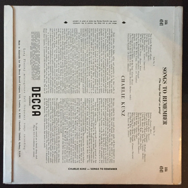 Charlie Kunz : Songs To Remember (LP, Album, Mono)