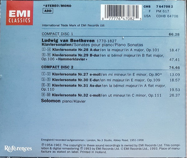 Beethoven*, Solomon (6) : Klaviersonaten = Sonates Pour Piano = Piano Sonatas Opp.90, 101, 106, 109, 110 & 111 (2xCD, Album, Comp, Mono, RM + Box)